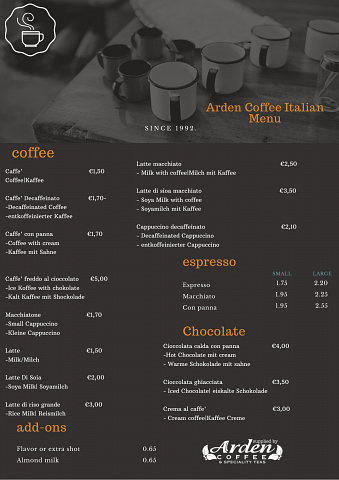 Saquella Italian Coffee Menu